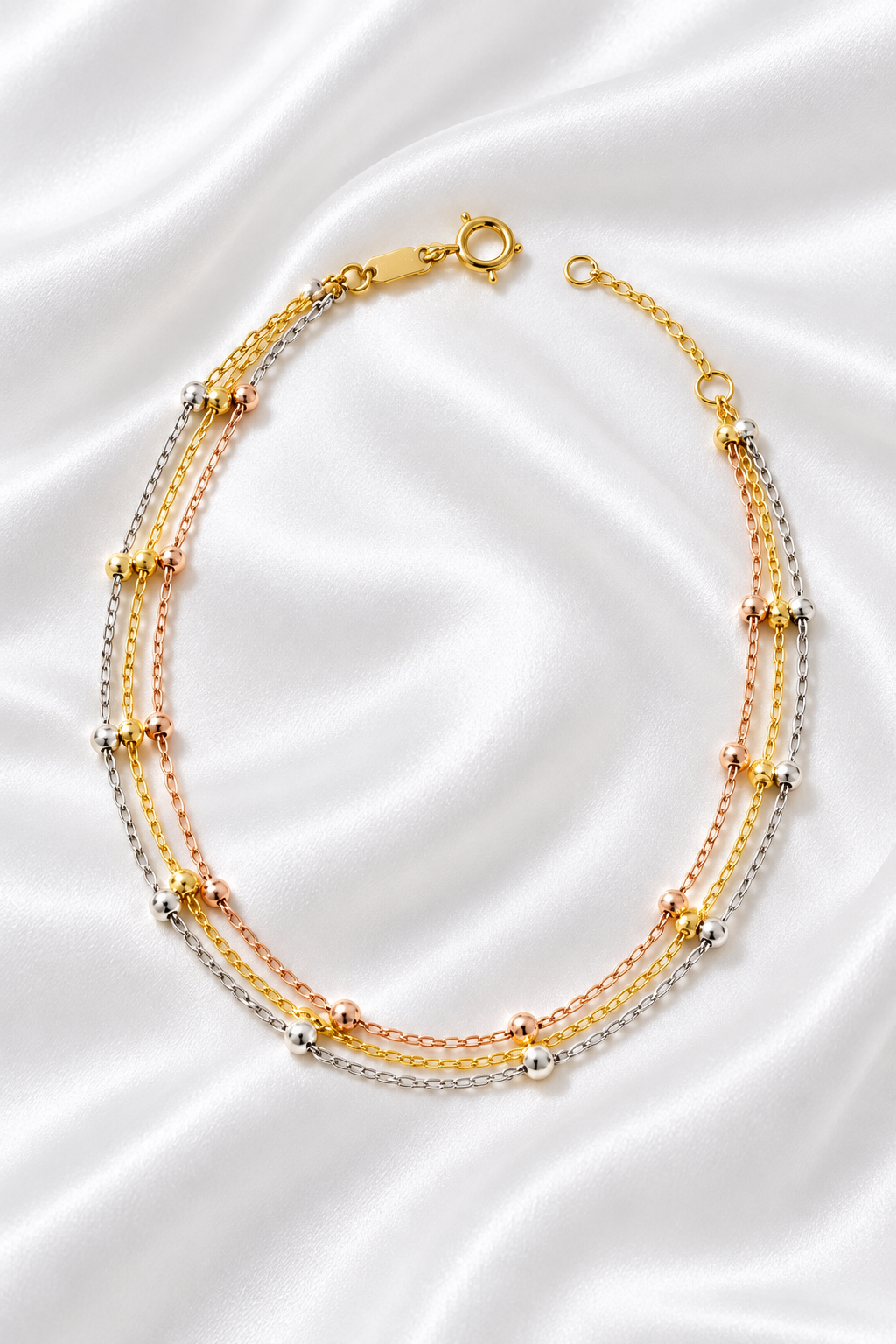 Tobillera Triple en 3 Oros de 10k – 10k Tri-Color Gold Anklet