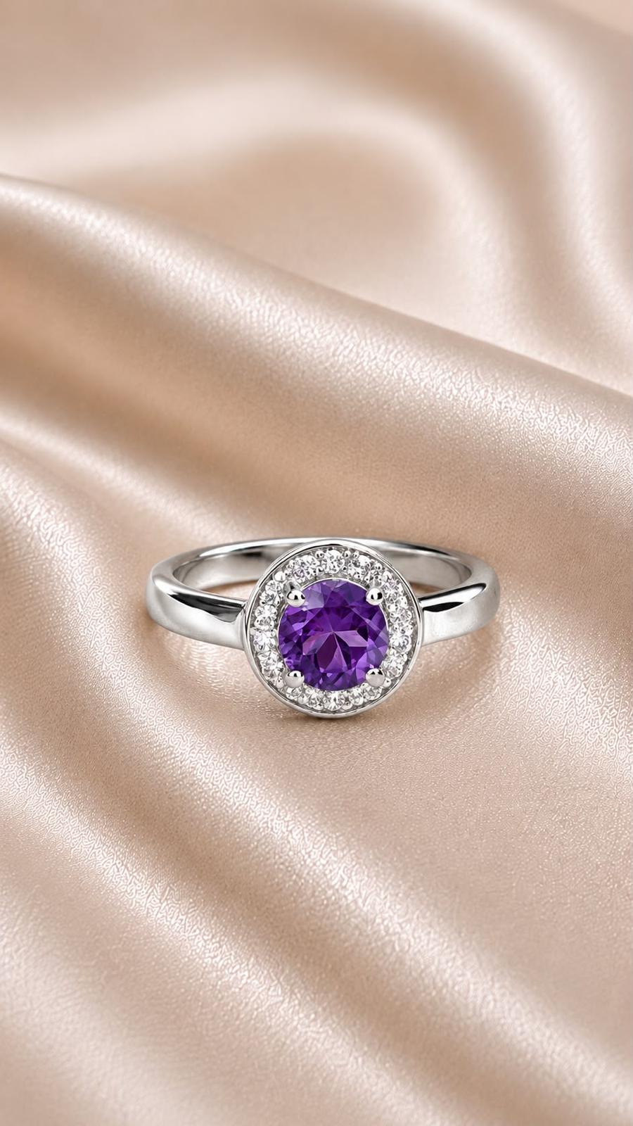 anillo plata 925 con diamantes y amatista natural