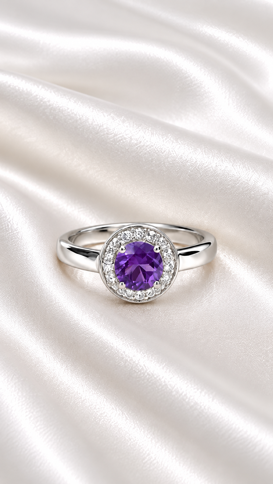 Anillo con amatista natural y diamantes de laboratorio de plata 925