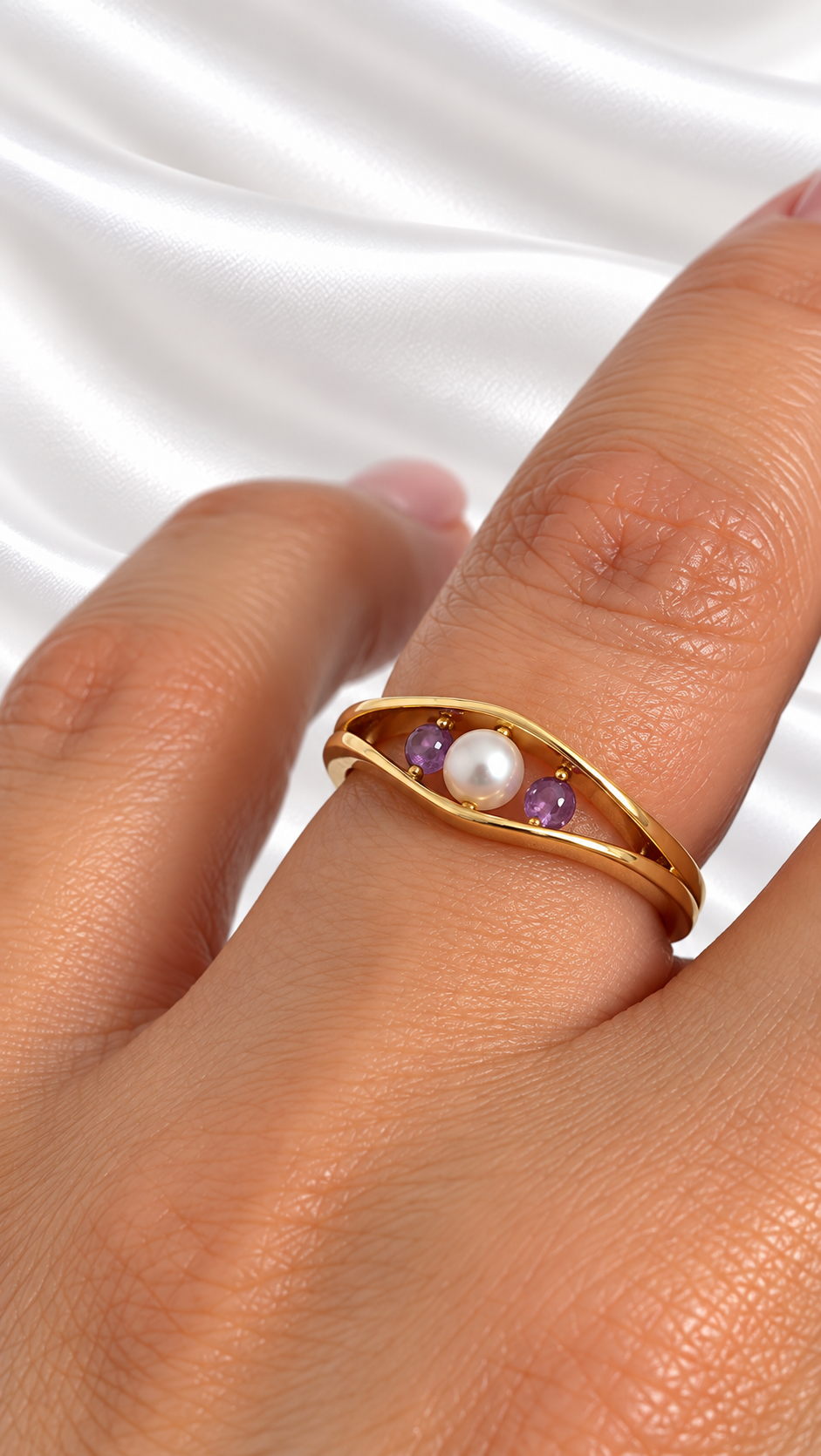 Anillo con Perla Natural y Amatista de Plata 925 – 925 Sterling Silver Pearl and Amethyst Ring