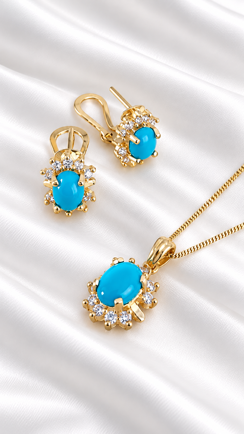 Set de Aretes y Dije con Turquesa de 14k – 14k Gold Turquoise Earrings & Pendant Set