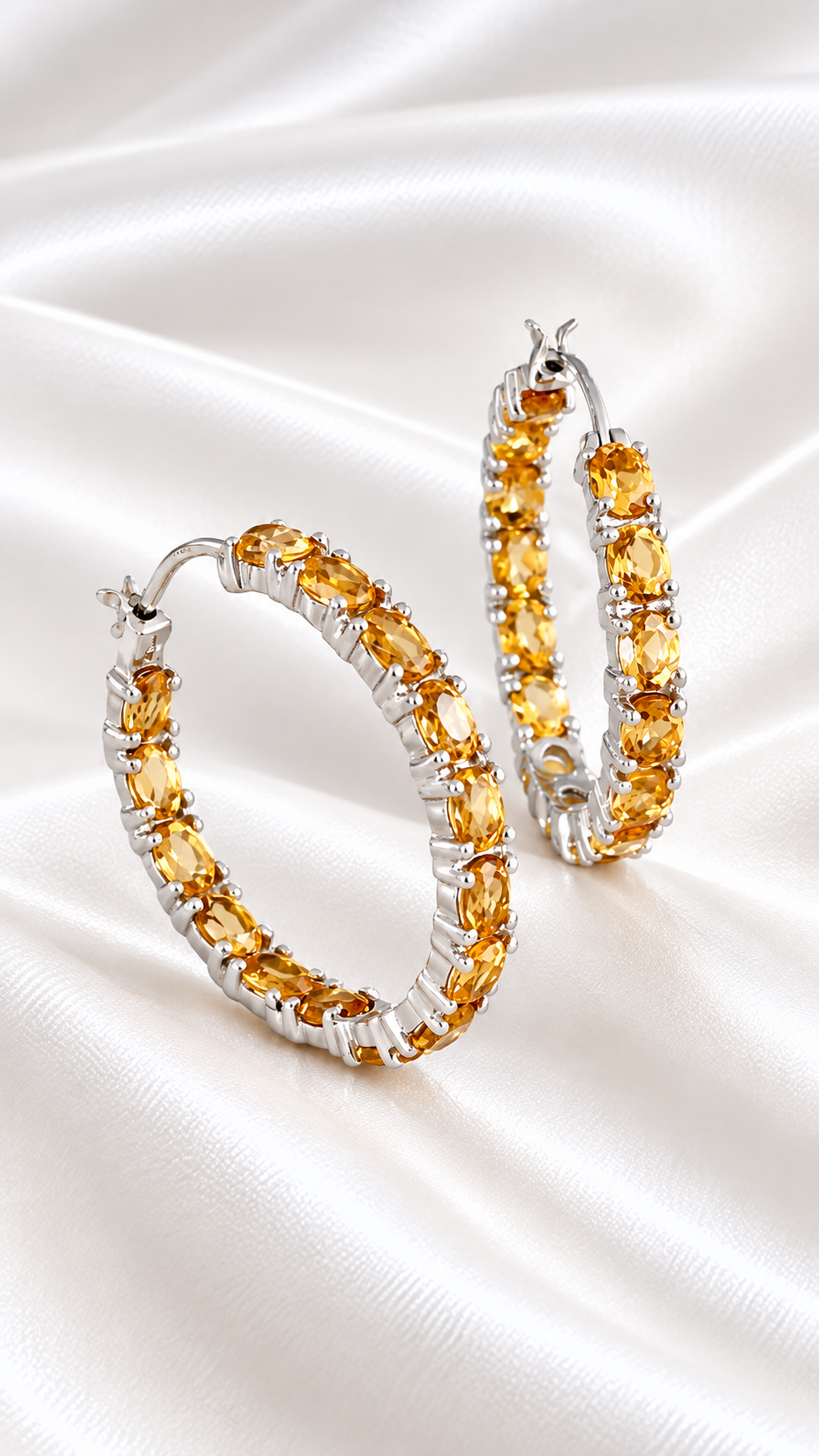 Argollas Grandes con Citrino de Plata 925 – 925 Sterling Silver Citrine Hoop Earrings