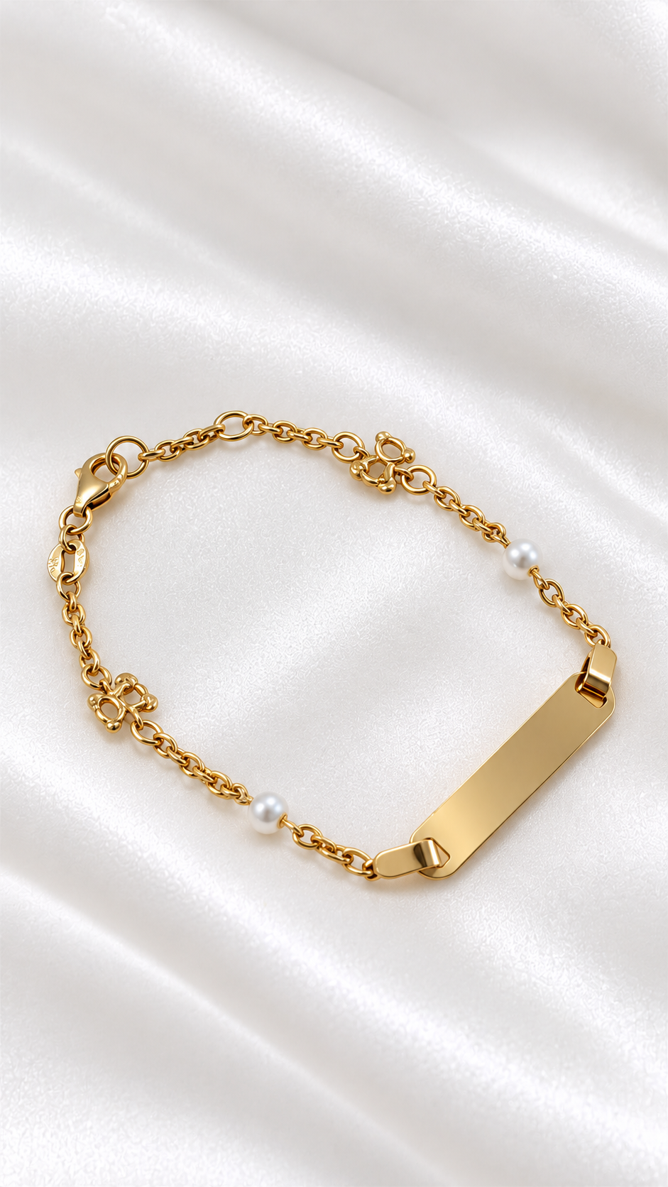 Pulsera de Placa con Perlas y Ositos para Niña de 14k – 14k Gold Girls Bear and Pearl ID Bracelet